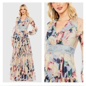 MAC DUGGAL 11401 NWT Floral Puff Sleeve Dress With Embroidered Waist